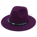 Top view of purple felt cowboy hat with bohemian turquoise beaded band and metal accents - M (56-58cm) / Purple