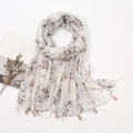 Bohemian paisley linen scarf with fringe tassels and vintage floral print on beige fabric - Extended Version / Vintage Beige Floral Style (XB304)