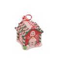 Detail of glittery clay gingerbread house ornament with candy cane stripes and red rope - Model D House