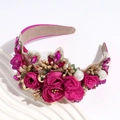 Detailed shot of baroque headband with pink roses, sparkling rhinestones and white pearls - Rose Red