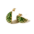 Retro emerald green checkered enamel hoop earrings in gold plated titanium steel - Gold Green Checkboard Thick Hoop Earrings(HF-E3220)