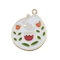 Ciondolo a forma di gatto bianco in smalto con fiori arancioni e bordo dorato - Gatto Bianco Fiore Foglia Verde (19032) / 1 Pezzo (29x27mm) / Bianco