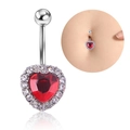 Detail of silver heart belly ring featuring a large red gem and clear crystals - Red