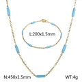 Gold-tone titanium steel jewelry set with turquoise beads featuring necklace and bracelet - Gold (Blue Beads)