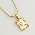 18K gold plated snake chain necklace featuring a square letter R pendant with white inlay - R (With Chain)