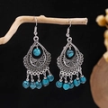 Bohemian silver drop earrings featuring sky blue beads and ethnic hollow metal patterns - E5775-2/Teardrop Hollow Sky Blue Turquoise
