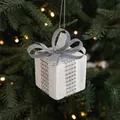 Sparkling white Christmas gift box ornament with silver bow and rhinestones 8x8x10cm - Gift Box Pendant Style B