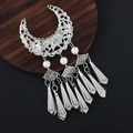 Ethnic Miao silver crescent hair clip with white pearls and long metal fringe tassels - Silver