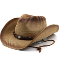 Handwoven straw cowboy hat with brown gradient, evil eye bead and adjustable chin strap - M (56-58cm) / Khaki Coffee Gradient