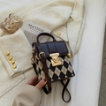 Vintage argyle canvas handbag with brown leather trim and golden metal clasp for women - Coffee