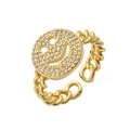 Macro detail of gold-plated smiley face ring with pavé zircons and Cuban chain band - Adjustable Open / Gold Cuban Chain Full Zircon Smiley