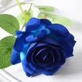 Single lifelike deep blue velvet artificial rose flower with detailed green leaves - 7cm / Elsa Rose-Blue
