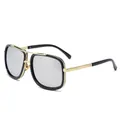 Fashionable oversized black square sunglasses with gold metal double bridge and silver mirror lenses - Gold Frame White Mirror Lens