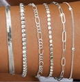 6-piece silver layered chain bracelet set with snake, bead, and paperclip links - Silver Full Series Chain Style Combination (51)