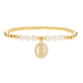 Bracciale elastico con perline dorate, perle e ciondolo medaglia Vergine Maria Guadalupe - Ciondolo Ovale Vergine Maria - Zirconia Bianca