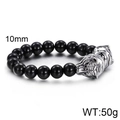 Men's fashion tiger head beaded bracelet with 10mm black glass beads in stainless steel - Tiger Head Style (KB60922-BD)