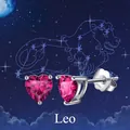 S925 sterling silver Leo zodiac heart earrings with pink gemstone on starry sky - July: Rose Red (Leo/Deep Pink)