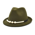 Dark green wool fedora hat decorated with gradient pearls and a black ribbon trim - M (56-58cm) / Army Green
