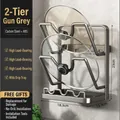 Gunmetal grey double-layer carbon steel pot lid rack with removable water tray - [Gun Grey] 2-Layer Wall-Mounted/Countertop Dual Use