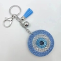 Blue rhinestone evil eye keychain featuring a matching blue tassel and silver lobster clasp - Sky Blue