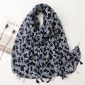 Navy blue floral sunscreen shawl with fringes and bohemian cotton-linen texture - Navy Blue White Floral