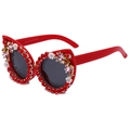 Cat eye sunglasses featuring large red resin frames with floral rhinestones and UV400 lenses - Red Frame / Red Rhinestone