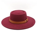 Detailed view of burgundy flat top wool hat with brown leather belt and silver buckle - M (56-58cm) / Burgundy