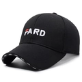 Black baseball cap with white FARD letter embroidery and red dot detail at a 45-degree angle - Adjustable / Black