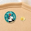 Cartoon panda enamel pin with peace and joy text in vintage green and gold finish - Panda Peace and Joy