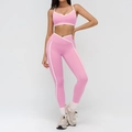 Pink yoga set for women with white contrast trim and V-waist leggings - S / V-Neck Strappy Bra & Leggings Set / Sakura Pink