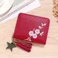Short red PU leather wallet featuring floral plum blossom embroidery and tassel - Wine Red (Flower Embroidery)
