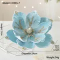 Light blue 24cm flocked velvet magnolia flower with glitter and beads for Christmas decor - Blue