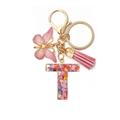 Resin letter T keychain with colorful heart sequins, pink butterfly and tassel - Letter T