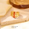Gold plated stainless steel open ring featuring three red beads with 15mm width - Adjustable Open / JOM25027-Gold Three-row Beads Red Stone