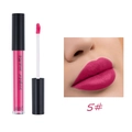 Close-up of super matte pink liquid lipstick shade 5 with applicator and lip swatch - 5# Rose Madder