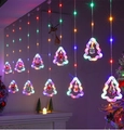 Christmas LED curtain lights with hanging Santa Claus and Snowman doll decorations - Multicolor Battery Remote Tree