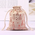 Cream linen Christmas drawstring gift bag with red glitter tree and heart patterns - Christmas Tree