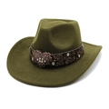 Detail of olive green wool felt cowboy hat with heart buckle leather band and rhinestones - M (56-58cm) / Army Green