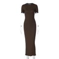 Detail of dark brown ribbed knit fabric on a slim fit crewneck long dress - S / Coffee