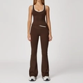 Women's dark brown yoga set with white contrast trim and high waist flare pants - S / Top And Bottom / Dark Coffee (Vest + Flare Pants)