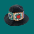 Handmade crochet floral bucket hat in black featuring vintage colorful granny squares - One Size / Black Granny Square Patchwork Hat