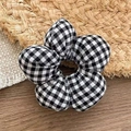 Detail of a large 3D flower hair scrunchie in black and white gingham cotton fabric - Black Checkered (Approx. 10.5cm)