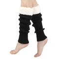 Detail view of black knitted leg warmers featuring plush white faux fur trim and cozy texture - One Size / Black