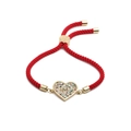 Bracciale regolabile in corda rossa con pendente a cuore d'oro e zirconi colorati - Corda intrecciata rossa con cuore in zirconia colorata