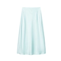 Detail shot of light blue satin midi skirt showing smooth silk texture and fabric sheen - Azure Blue