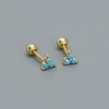Gold clover stud earrings with three blue beads and ball back in minimalist style - 925 Silver / Gold Tone Turquoise