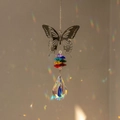 Macro detail of metal butterfly sun catcher with colorful beads and crystal prism drop - Butterfly / 36cm