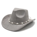 Light gray suede western cowboy hat with white heart bead band on a white background - M (56-58cm) / Grey Suede