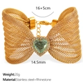 Gold butterfly bracelet with green heart-shaped crystal and mesh steel band - Light Green