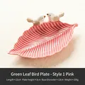 Pink leaf ceramic jewelry tray with two white birds decoration and glossy glazed finish - Green Leaf Bird Tray - Style 1 Pink